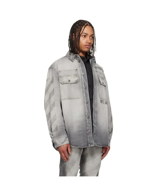 Off-White c/o Virgil Abloh Gray Diagonal Embroidered Denim Military Overshirt for men