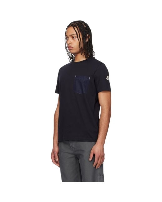Moncler Black Cotton & Denim Pocket T-Shirt for men