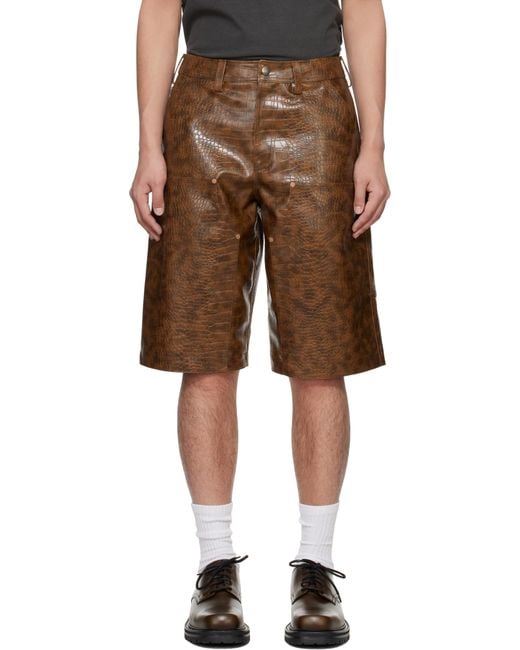 ANDERSSON BELL Brown Double Knee Faux-Leather Shorts for men