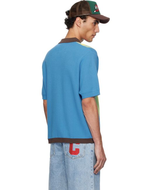 メンズ ICECREAM ブルー＆ブラウン Jacquard 半袖 ポロカラー ニットカーディガン Blue