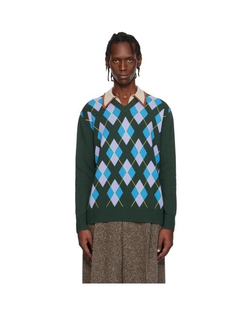 Dries Van Noten Blue Argyle Sweater for men