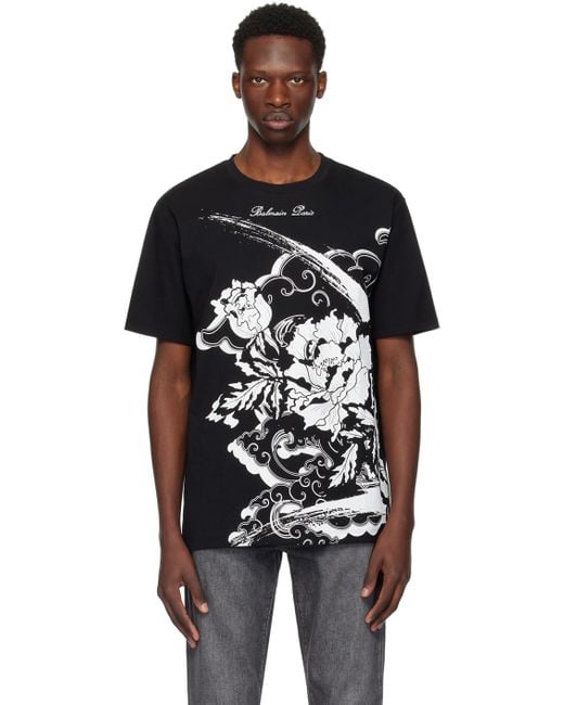 Balmain Flower Print T shirt in Black for Men Lyst UK