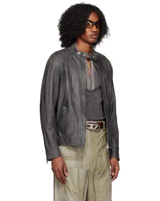 DIESEL Black Gray L-metal-treat Leather Jacket for men