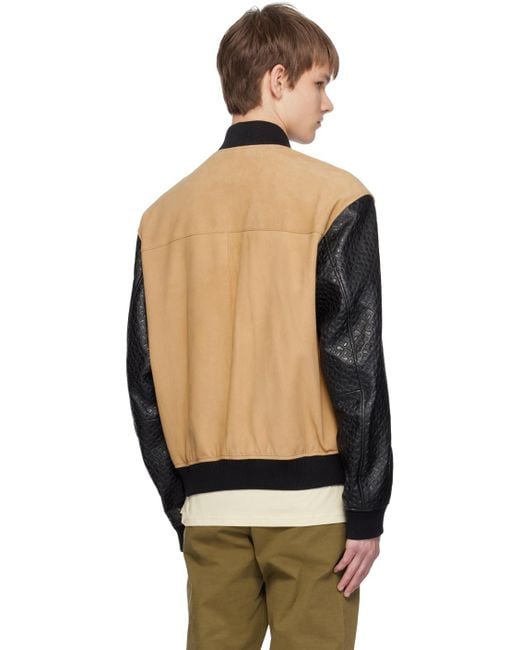 Boss Tan & Black Stand Collar Leather Bomber Jacket for men