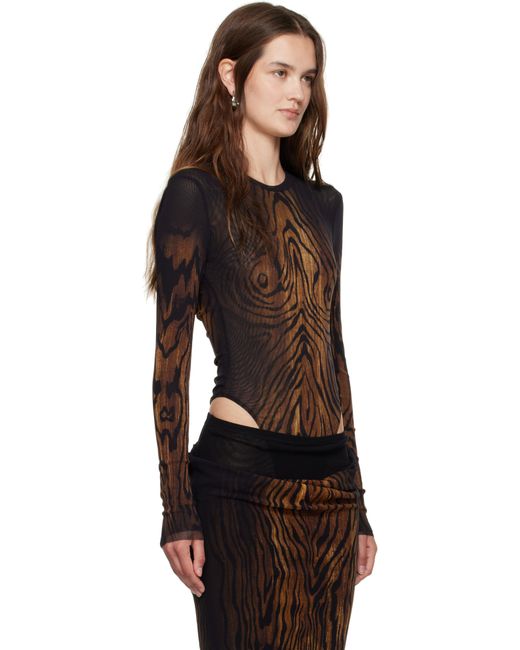 Jean Paul Gaultier Black Mesh Double Layer Printed Wood Bodysuit
