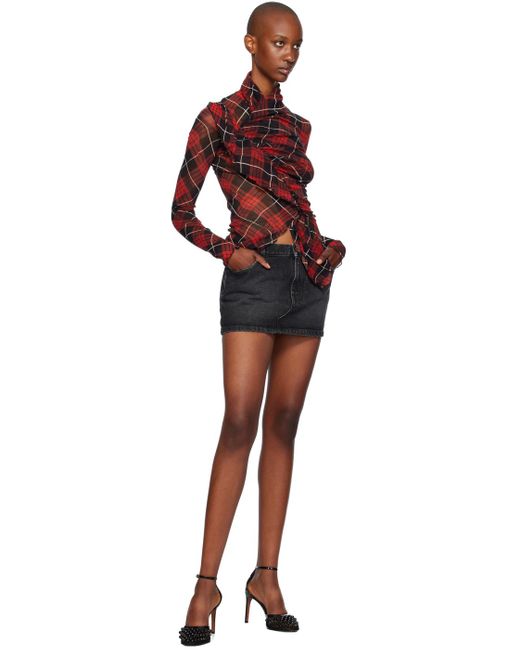 Jean Paul Gaultier Red Distorted Tartan Tulle Long Sleeve Top