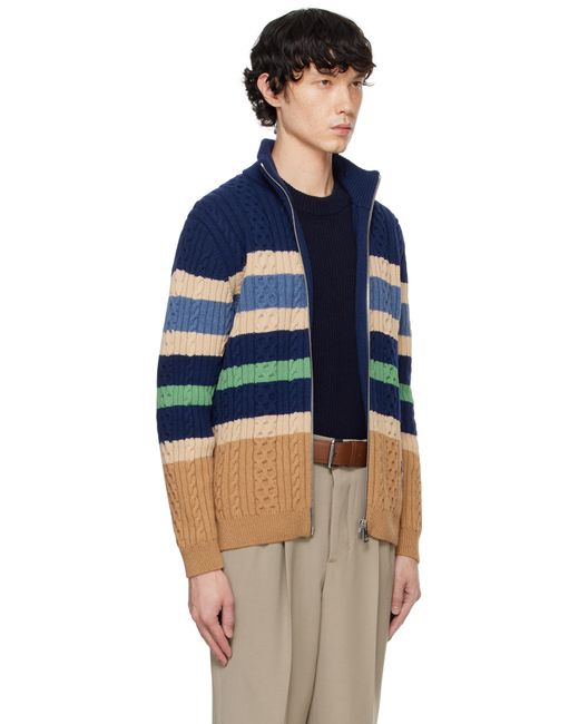 Maison Kitsuné Blue Striped Cable Zipped Cardigan for men