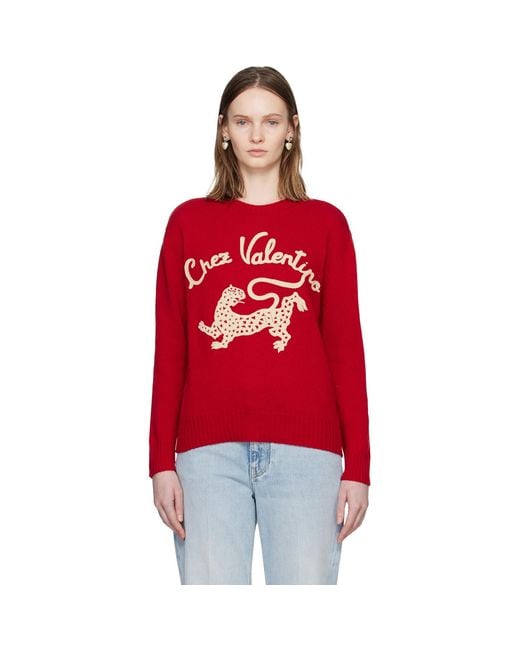 Valentino Red Wool 'Chez & Panther Embroidery Sweater