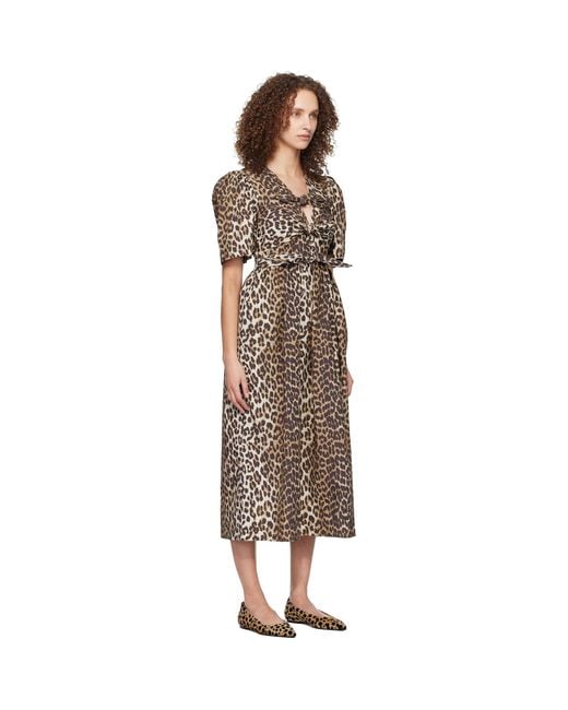 Ganni Black Leopard Printed Cotton Midi Dress