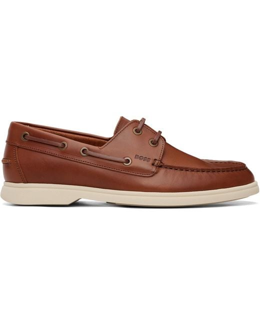 Boss Brown Leather Boat Shoes for men
