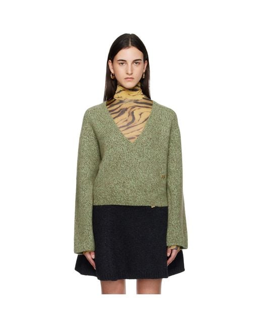 Ganni Green Brushed Mohair Mix Deep V-Neck Sweater
