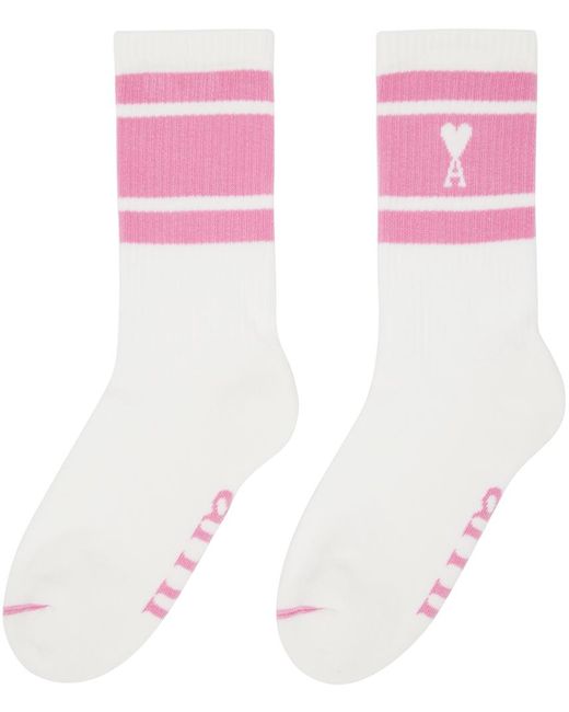 AMI White & Pink Ami De Cœur Striped Socks for men