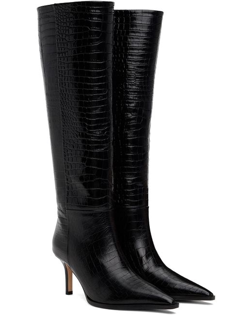 Aeyde Black Knee-High Croc-Embossed Leather Stiletto Boots