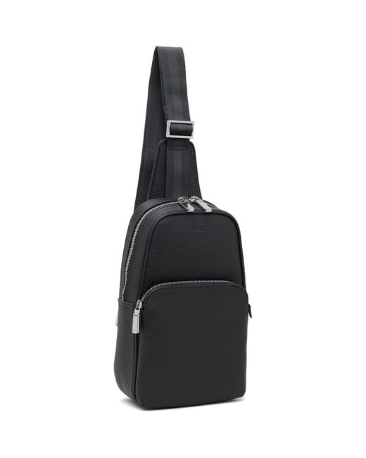 Boss Black Leather Logo-Emed Sling Bag for men