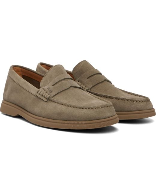 Boss Gray Khaki Suede Logo Penny Trim Loafers for men