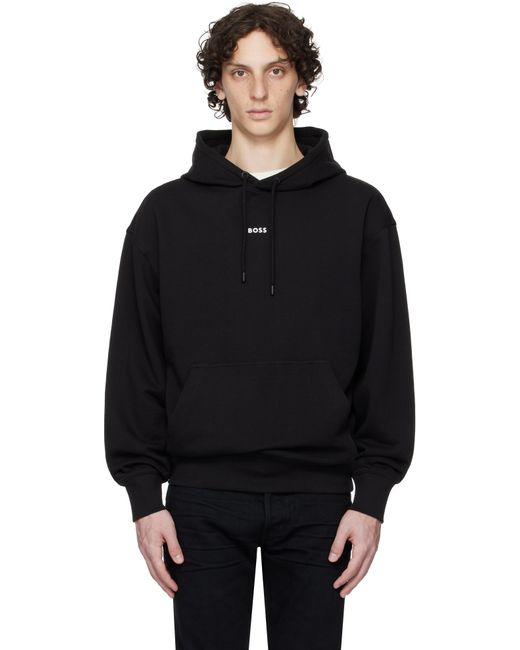 メンズ Boss ブラック コットンテリー コントラストロゴ フーディ Black