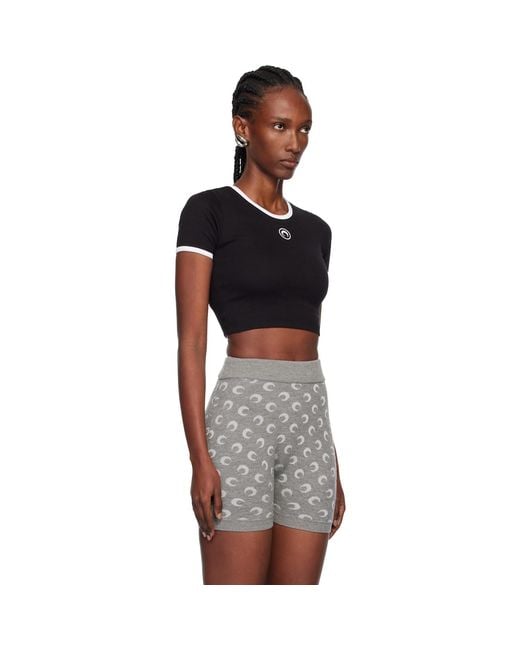 MARINE SERRE Black Moon Logo Ribbed Jersey Cropped T-Shirt