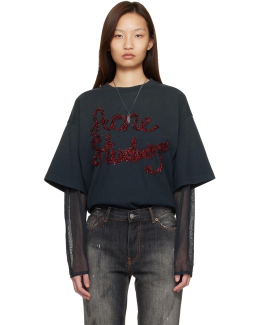 Acne Studios レディース ブラック グレー レイヤード ロゴ Tシャツ 