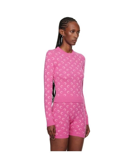 MARINE SERRE Pink Moon Jacquard Knit Fitted Crewneck Sweater