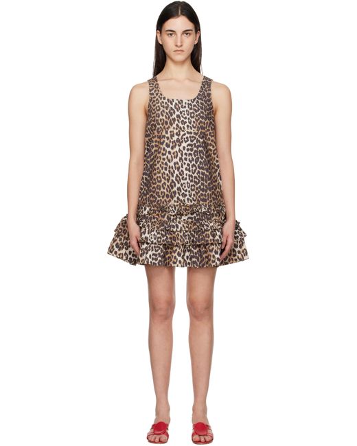 Robe Courte Brune En Popeline De Coton À Motif Léopard Ganni en coloris Black