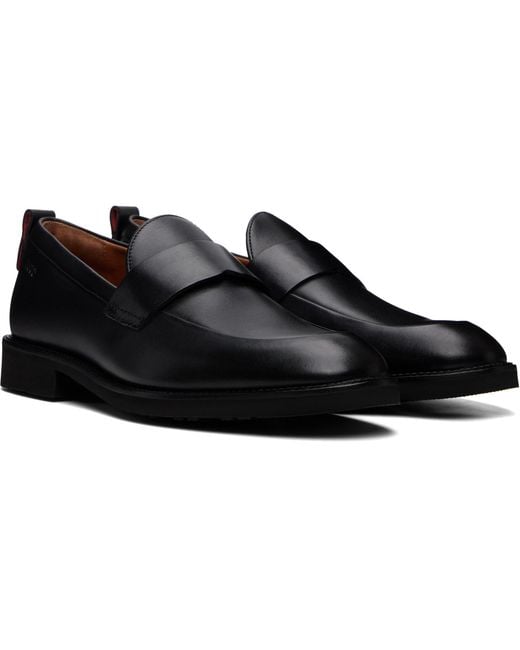 HUGO Black Leather Penny Trim Loafers for men