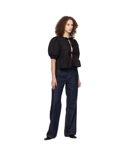 Ganni Black Cotton Poplin Peplum Tie Blouse