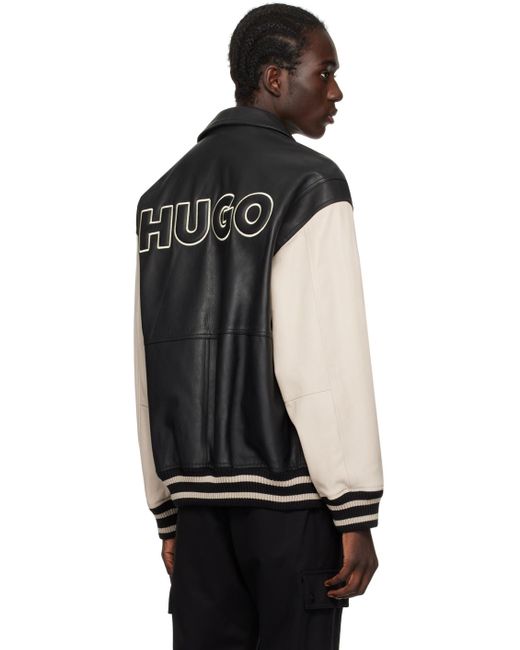Blouson noir et en cuir à logos gaufrés HUGO pour homme en coloris Black