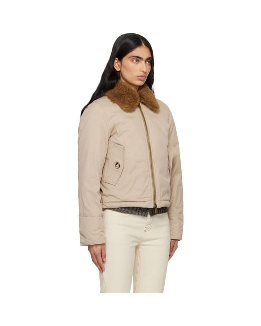 Burberry Natural Shearling Collar Gabardine Down Bomber Jacket