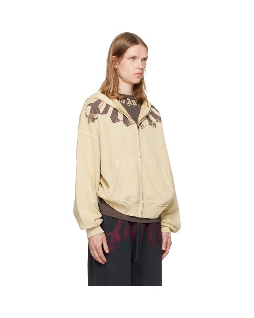 Palm Angels Natural Big Neck Logo Zip Hoodie for men