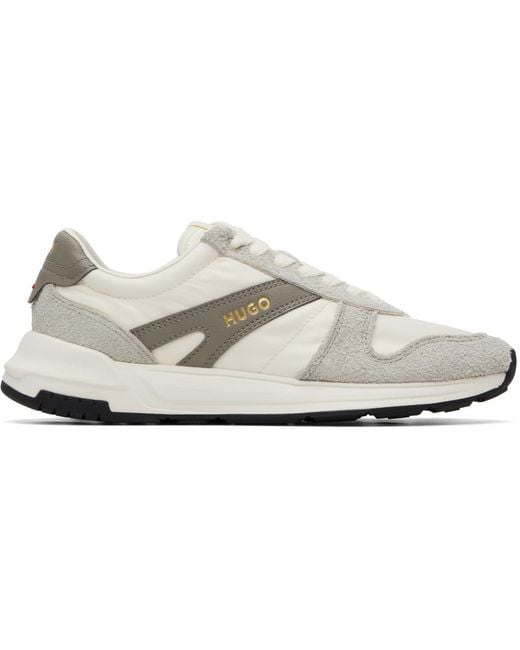 HUGO White Off- & Logo Detail Suede-Trim Sneakers for men