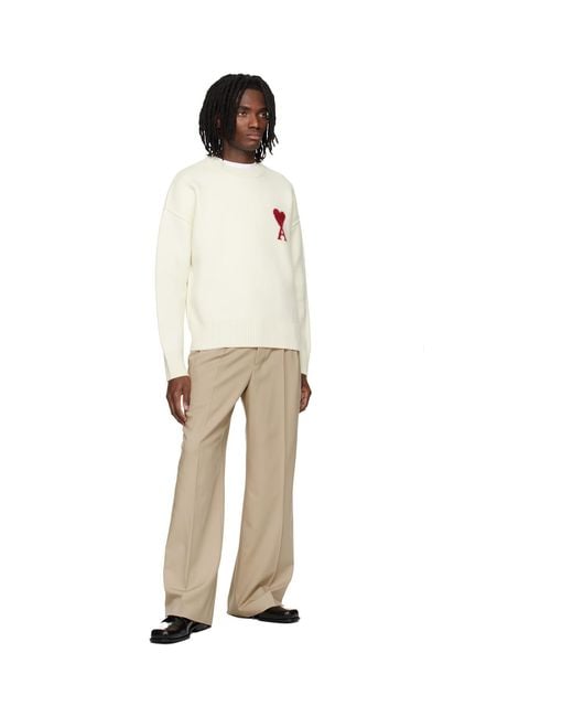 AMI Natural Off- Wool Contrasted Ami De Coeur Crewneck Sweater for men