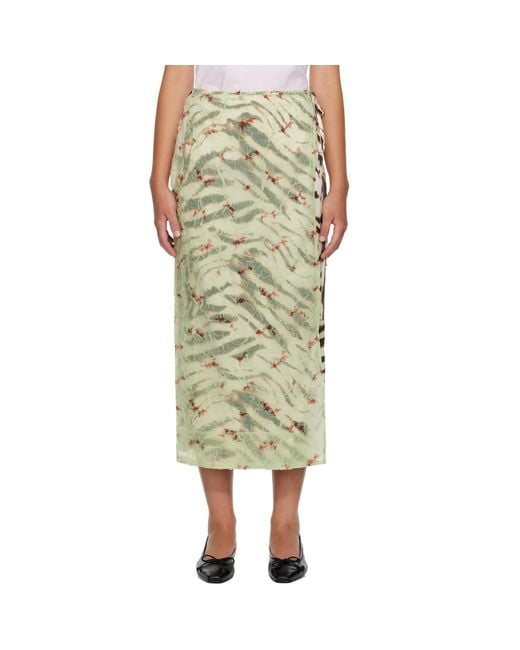 Ganni Green Off- & Shibori Organza Printed Stretch Satin Maxi Skirt