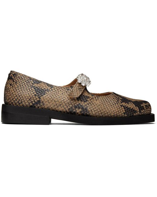 Ganni Leather Brown Snake Mary Jane Ballerina Flats in Black | Lyst