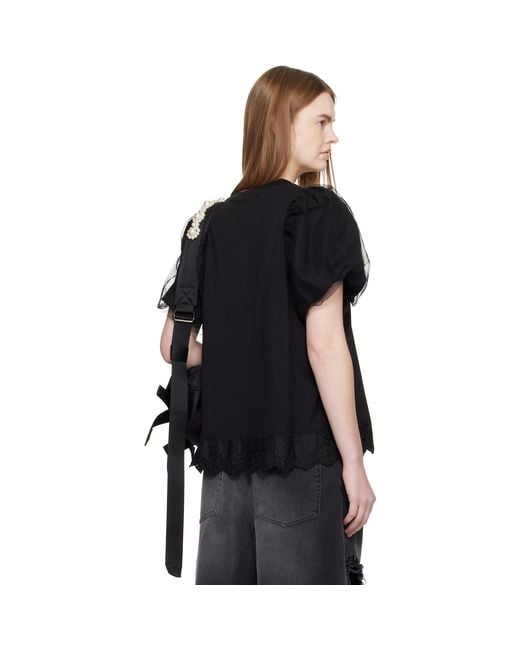 Simone Rocha Black Tulle Overlay Puff Sleeve Lace Trim T-Shirt