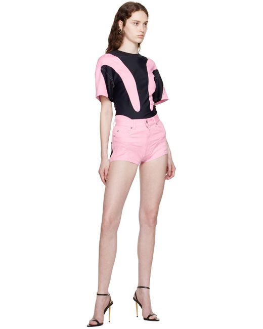 Mugler Pink & Black Spiral Denim Shorts