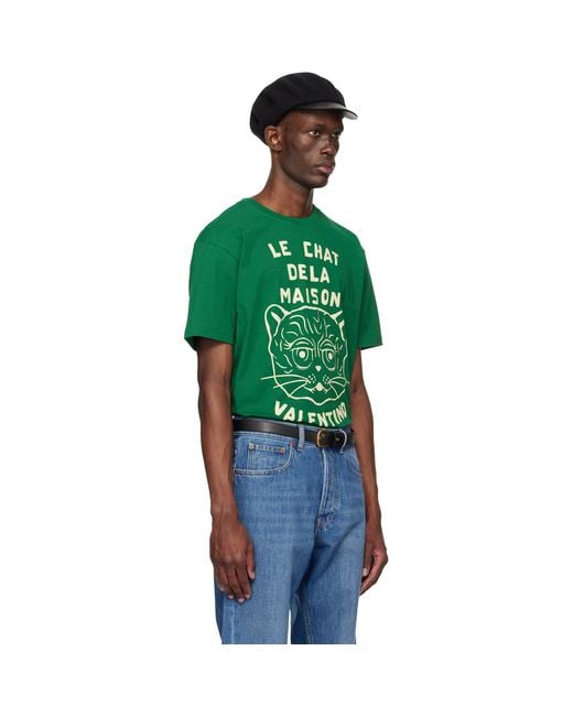 Valentino Green Cotton 'Le Chat De La Maison' Print T-Shirt for men