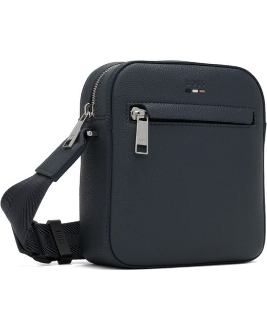 Boss Blue Grained Faux-Leather Reporter Bag for men