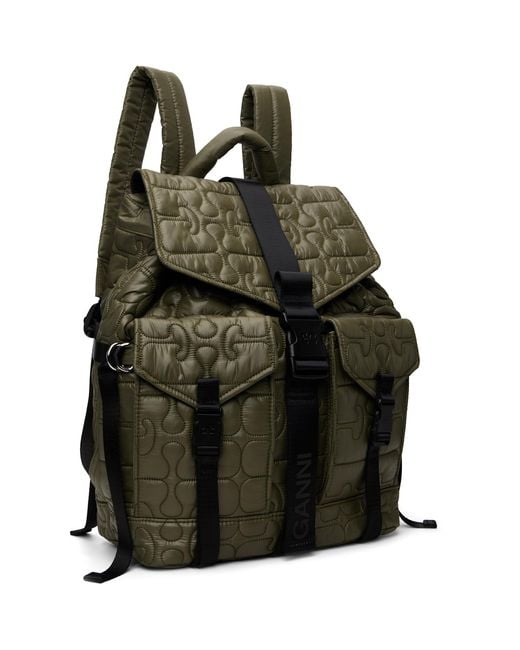 Ganni Black Khaki Quilted Re-Tech Backpack