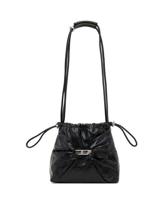 DIESEL Black Scrunch-D-Bucket Shiny Wrinkled Leather Bag