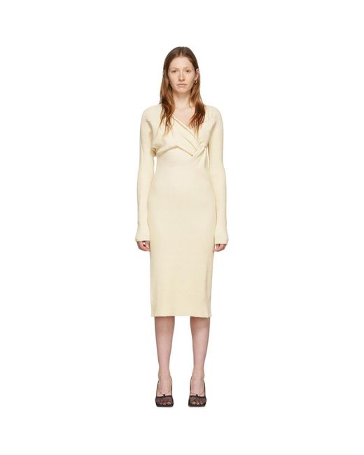 Bottega Veneta Silk Knit Midi Dress in Beige (White) | Lyst