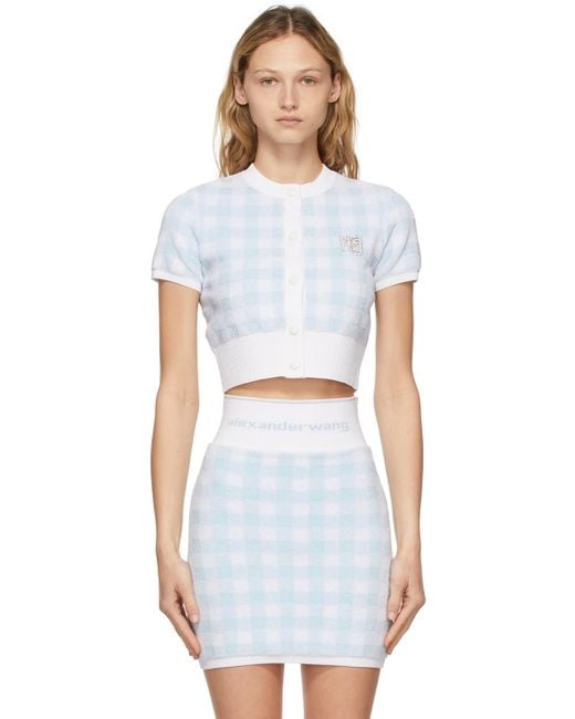 T By Alexander Wang Blue & White Cropped Gingham Cardigan