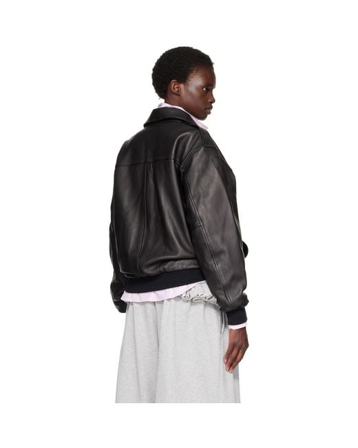 HOMMEGIRLS Black Zip Leather Bomber Jacket