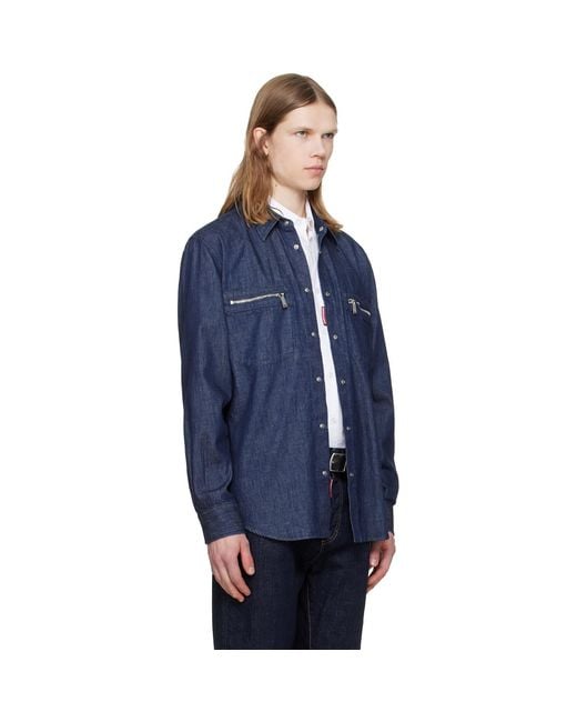 DSquared² Blue Wet & Dry Wash Denim Biker Shirt for men