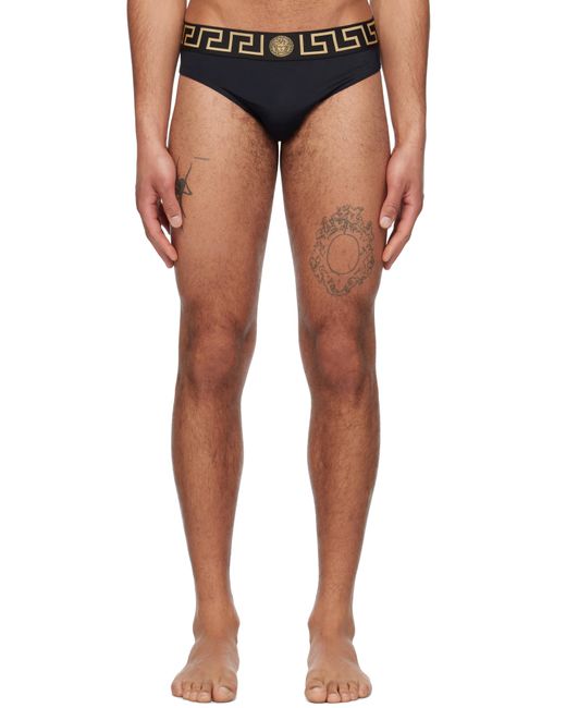 メンズ Versace ブラック グレカ ボーダー スイムブリーフ Black