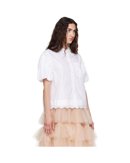 Simone Rocha White Cropped Puff Sleeve Lace Trim Shirt