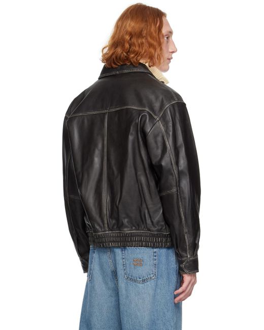 DUNST Black Spread Collar Leather Jacket for men