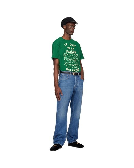 Valentino Green Cotton 'Le Chat De La Maison' Print T-Shirt for men