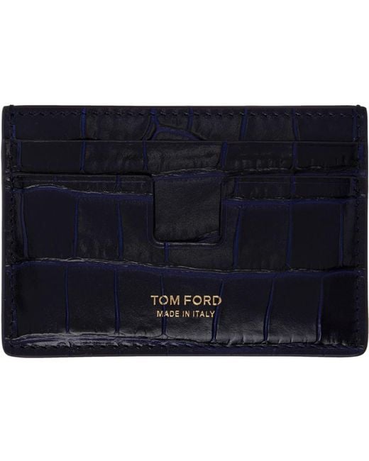 Tom Ford Blue Shiny Printed Croc T-line Card Holder for men