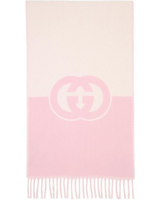 Gucci Pink Fringed Logo-jacquard Wool And Cashmere-blend Scarf