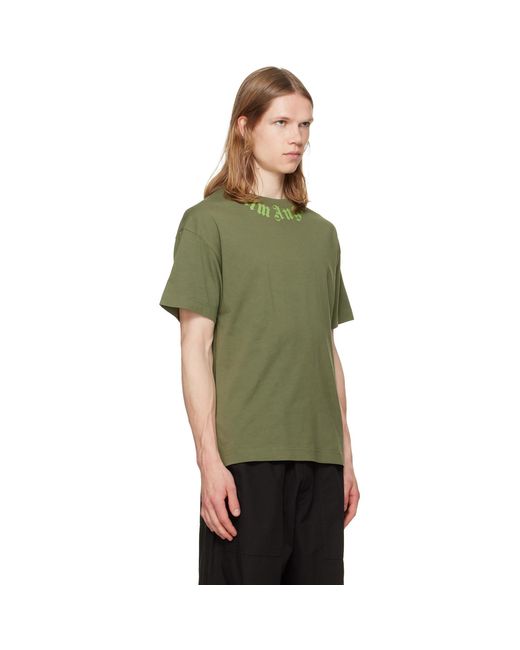 Palm Angels Green Khaki Neck Logo Regular T-Shirt for men
